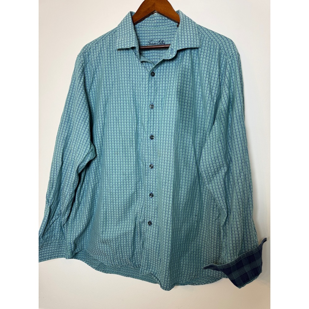 Tasso Elba Mens XL Teal Blue Textured Grid Button Down Long Sleeve Shirt 17-17.5